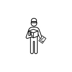 Sticker - postal worker with parcel outline icon. Element of logistic icon for mobile concept and web apps. Thin line postal worker with parcel outline icon can be used for web and mobile