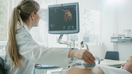 Wall Mural - In the Hospital, Obstetrician Uses Transducer for Ultrasound/ Sonogram Screening / Scanning Belly of the Pregnant Woman. Computer Screen Shows 3D Image of the Healthy Forming Baby. 