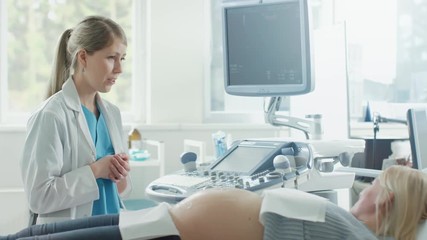 Wall Mural - In the Hospital, Pregnant Woman Getting Sonogram / Ultrasound Screening / Scan, Obstetrician Checks Picture of the Healthy Baby on the Computer Screen. Doctor Explains Details of the Picture. 