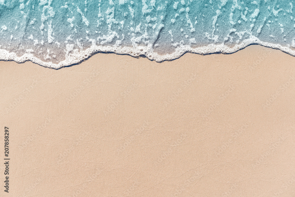 Close up soft wave lapped the sandy beach, Summer Background. - obrazy, fototapety, plakaty 
