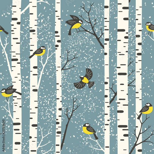 Dekoracja na wymiar  snowy-brzozy-i-ptaki-na-jasnoniebieskim-tle-bezszwowe-wektor-wzor-idealny-do-projektowania-tkanin-tapet-opakowan-na-prezenty-lub-pocztowek
