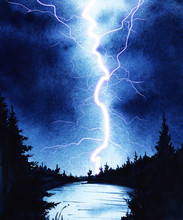 Dark Night. Black Silhouettes Of Spruce Forest And Surface Of Lake On A Background Of Night Storm Sky With Lightning. Hand Drawn On A Wet Paper Real Watercolor Illustration.