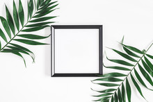 Tropical Palm Leaves, Photo Frame, On White Background. Summer Concept. Flat Lay, Top View, Copy Space