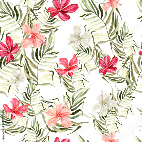 Beautiful bright watercolor pattern with flowers of hibiscus and tropical leaves