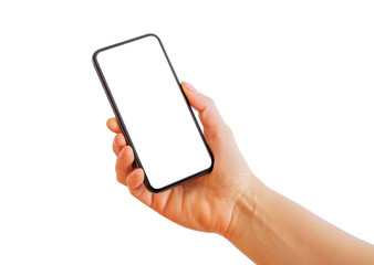 Person holding smartphone with blank white screen. Mobile app mockup.