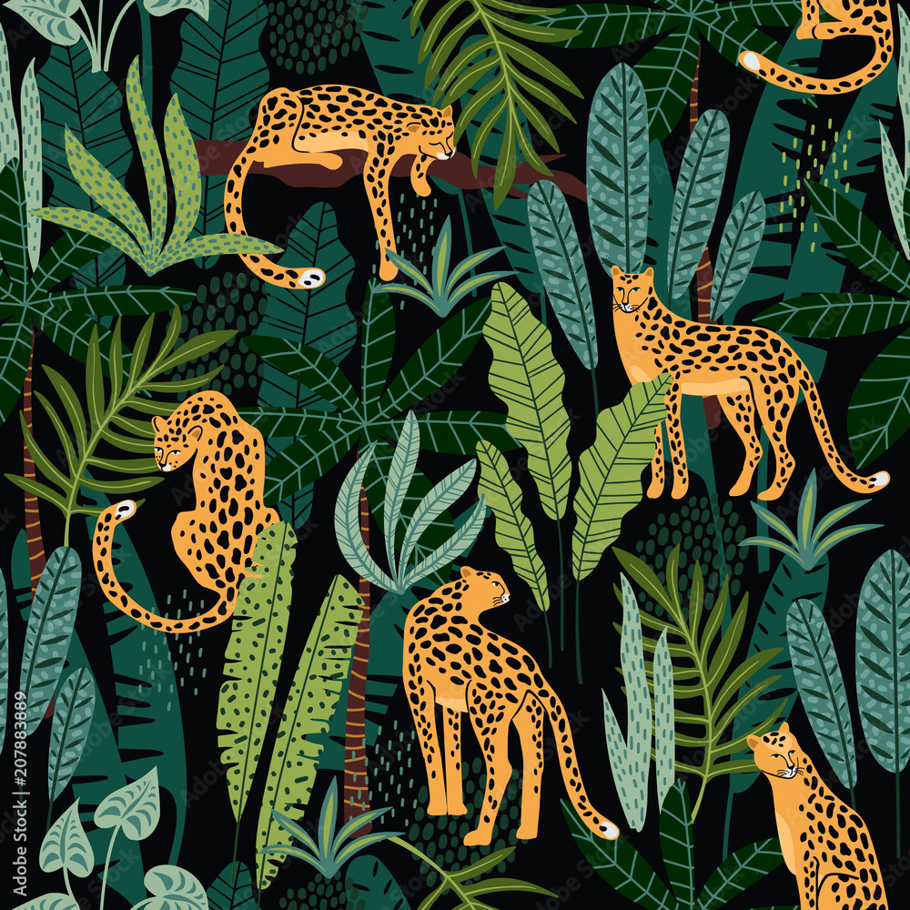 Papel de parede Vestor seamless pattern with leopards and tropical leaves.