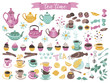 Tea time elements collection. Hand drawn tea vector icons. Teapots, cups, cupcakes and sweets isolated on white background. Design elements.