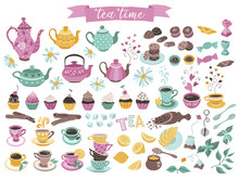 Tea Time Elements Collection. Hand Drawn Tea Vector Icons. Teapots, Cups, Cupcakes And Sweets Isolated On White Background. Design Elements.