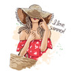 Portrait of fashionable woman in hat with beach bag. Beautiful young woman in summer clothes covers her face with a hat. Stylish girl in a hat. Hand drawn sketch. Vector illustration of fashion.
