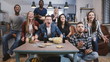 © vadim_key - Friends watch sports on TV, celebrate success. Crazy football supporters fans group shout with arms raised. Euphoria. 4K