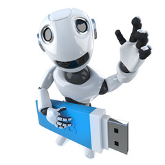 Wall Mural - 3d Funny cartoon robot character holding a usb thumb drive