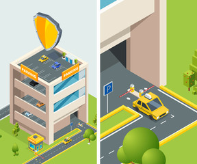 Wall Mural - Background isometric illustration of multi level parking with various cars