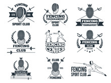 Labels Set For Fencing Sport. Monochrome Pictures Of Rapiers, Sword Mask And Other Equipment