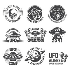 Wall Mural - monochrome labels or badges with pictures of aliens, ufo and space