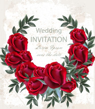Wedding Roses Wreath Vector. Beautiful Red Flowers Garland. Invitation Card Elegant Decor Realistic 3d Illustrations