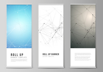 the vector layout of roll up banner stands, vertical flyers, flags design business templates. techno
