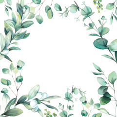 Wall Mural - Watercolor floral frame. Hand drawn greeting card design with green leaves and branches isolated on white background. Eucalyptus, snowberry plants illustration