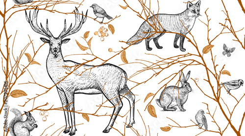 Tapeta ścienna na wymiar Seamless pattern with animals, birds and tree branches.