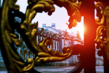 Palace Through The Golden Gates In Tsarskoe Selo, Pushkin, Russia. Sun Light Halo. Toned