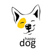 happy dog logo on white background with yellow accent on left eye Smile smirk on his face Thin black lines Cute smiling hound Hand-draw vector isolated Can use as logo emblem emoji emoticons, mascot.