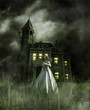 woman running away from a haunted house,3d illustration