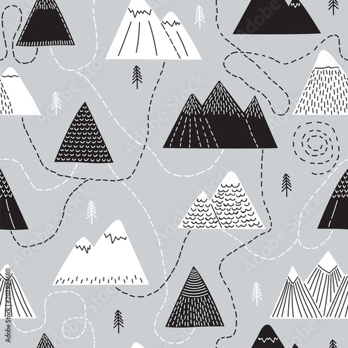 Cute hand drawn seamless pattern with trees and mountains Canvas Print