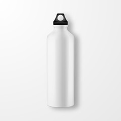 Wall Mural - Vector realistic 3d white empty glossy metal water bottle with black bung closeup on white background. Design template of packaging mockup for graphics. Top view