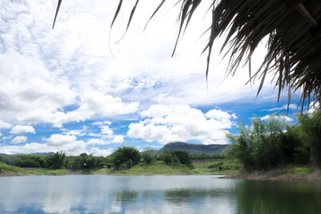 Mountain and Lake with reflex in the water scenery beautiful view with blue sky and clouds at Kanchanaburi