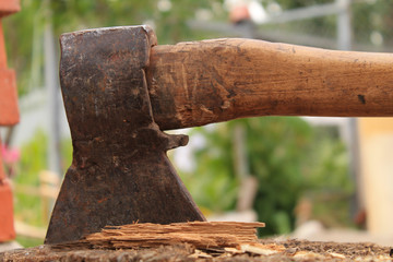 ax in the deck close-up