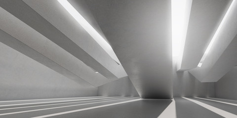 Fototapete - 3D stimulate of concrete interior space with sun light cast the roof shadow on the wall and floor,Perspective of minimal design architecture,3d rendering	