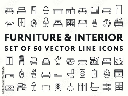 Furniture Interior Minimal Color Flat Line Icon Set Sofa Couch