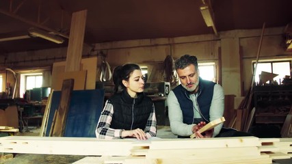 Wall Mural - Man and woman workers in the carpentry workshop, making plans.