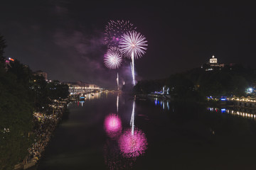 Fireworks over the Po River in Turin, Italy.