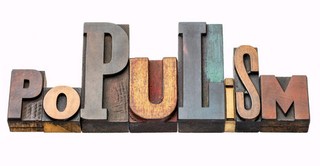 Poster - populism word abstract in wood type