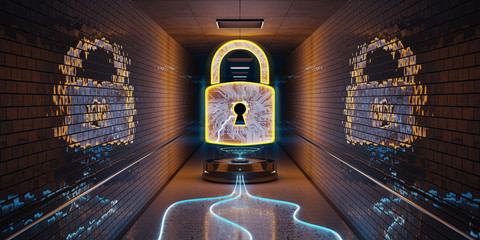 Fototapete - Underground cyber security hologram with digital padlock 3D rendering
