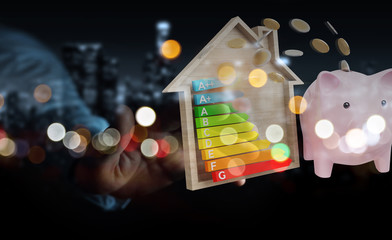 Wall Mural - businessman saving money with good energy chart rating 3d rendering