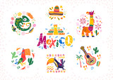 Fototapeta Dinusie - Vector set of hand drawn decorative arrangements with traditional Mexican symbols and elements - Mexico lettering, decor, sombrero, guitar, cactus, llama, parrot,  etc. isolated on white background.