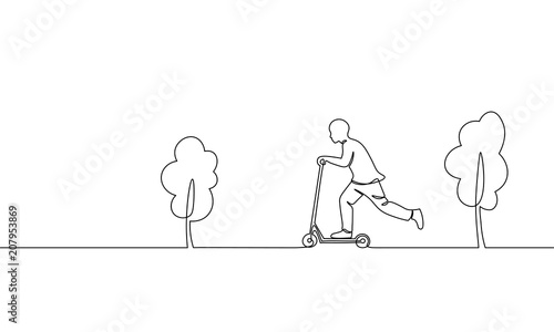 Single Continuous One Line Art Boy Riding Scooter Kids