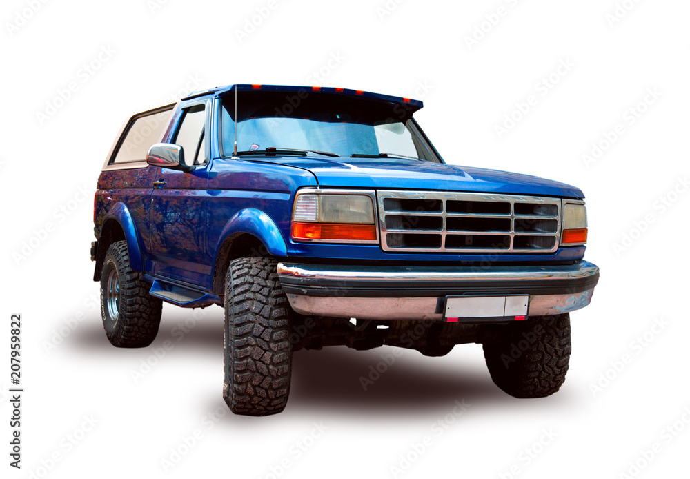 American off-road motor car. White background.