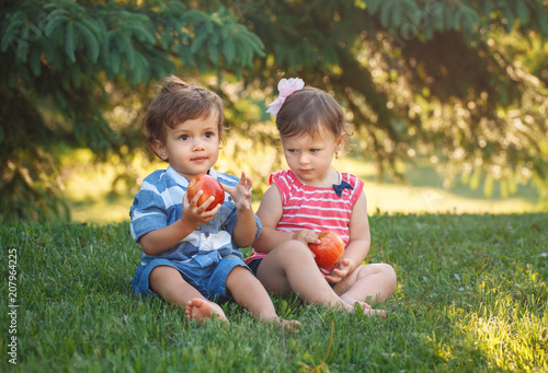 Group Portrait Of Two White Caucasian Cute Adorable Funny Children Toddlers Sitting Together Sharing Apple Food Envy Friendship Childhood Concept Best Friends Forever Boy And Girl Buy This Stock Photo And