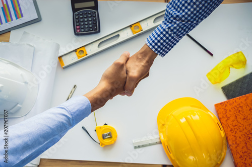 Fotografía Architects who work with blueprints, inspecting workplace engineers for architec