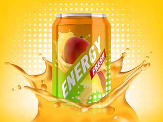 Mango energy drink can in juice splash,  soda water branding ready mockup high quality vector realistic illustration