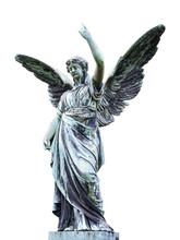 Worn Out Outdoor Angel Statue With Her Wings Spread Out Raises Right Hand With One Finger Pointing To The Sky On White Background.