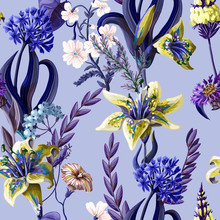 Seamless Pattern With Lilies And Wild Flowers. Vector Illustration.