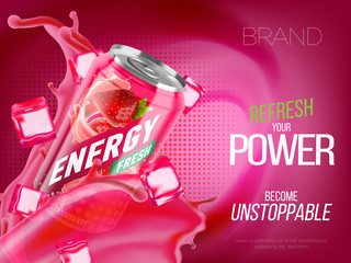 strawberry cold energy drink in metal can with ice and juice splash advertising banner, soda water b