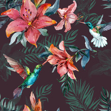 Beautiful Colorful Flying Hummingbirds And Red Lily Flowers On Brown Background. Exotic Tropical Seamless Pattern. Watecolor Painting. Hand Painted Illustration.