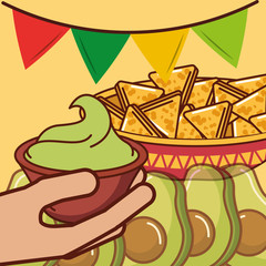 Canvas Print - hands with nachos avocado and guacamole mexican food vector illustration