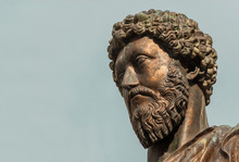 Ancient Statue Of Emperor Marcus Aurelius, A Bronze Replica Of 2nd Century AD Statue In The Center Of Capitol Hill Square In Rome (with Copy Space)
