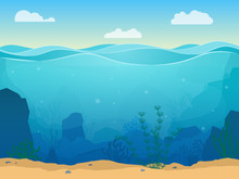 Cartoon Sea Underwater Scene Color Background. Vector