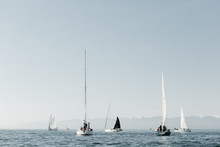 Ships Spread Out In The Ocean Preparing For Yacht Race